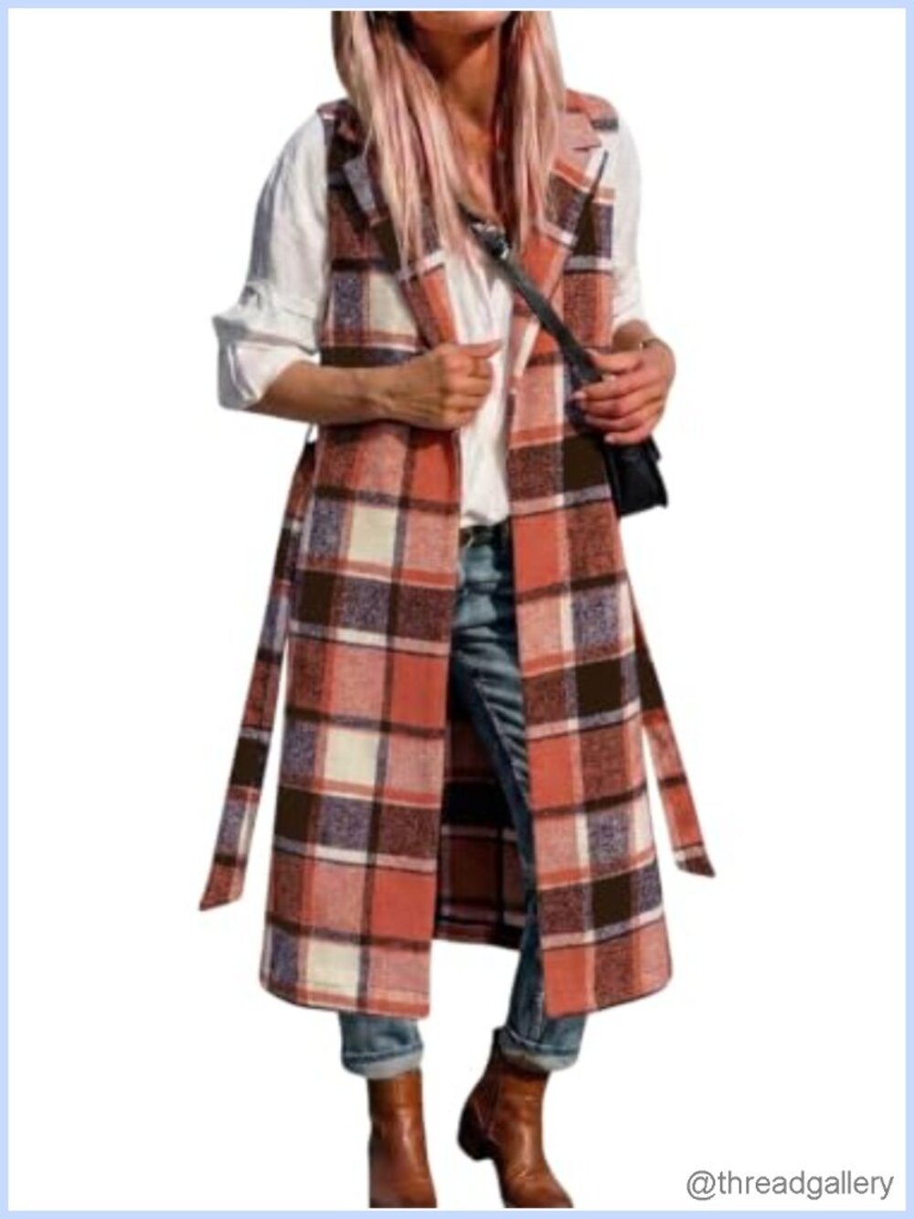 Womens Long Plaid Wool Blend Vest Sleeveless Open Front Cardigan Belt